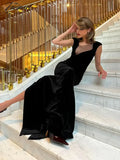 Tavimart - Fashion Asymmetric Women Sleeveless Maxi Dress Elegant Diagonal Collar Mesh Patchwork