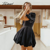 Tavimart Fashion Deep V Puff Sleeve Black Woman Dress Palace Wind Vintage Mini Spring Elegant Party
