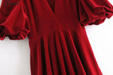 Tavimart Fashion Deep V Puff Sleeve Black Woman Dress Palace Wind Vintage Mini Spring Elegant Party