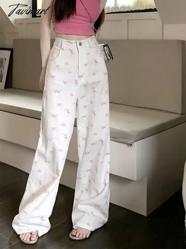 Tavimart Fashion Floral Women Sweet Jeans Korean Elegant High Waist Wide Leg Pants Loose All Match