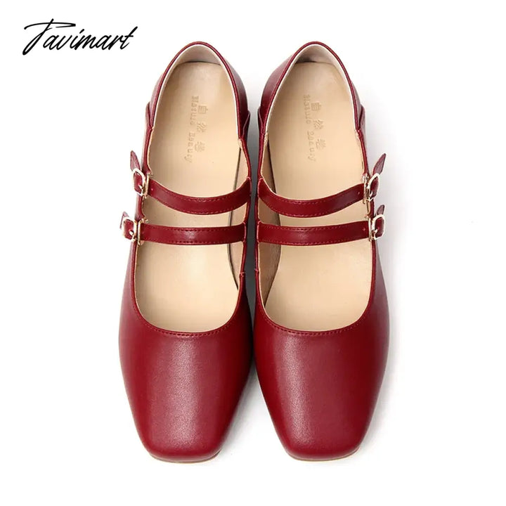 Tavimart - Fashion Genuine Leather Mary Jane Feminine Shoes Autumn New Thick Low Heel Shallow Mouth