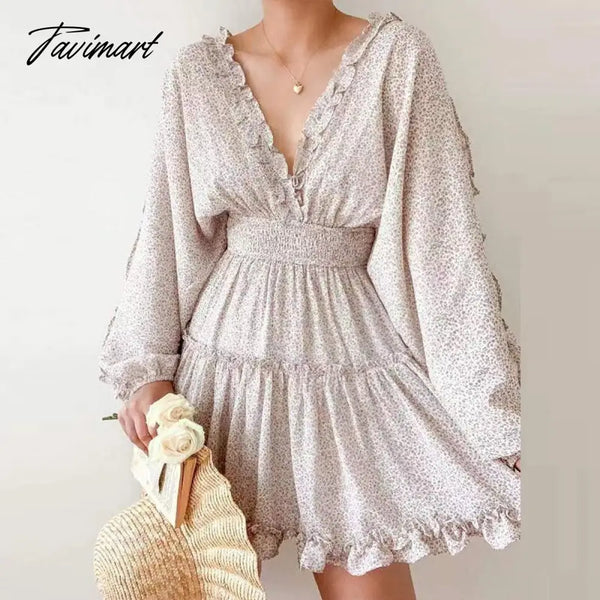 Tavimart Fashion High Waist Puff Sleeve Party Dress Spring Elegant Floral Print Ruched Mini Women