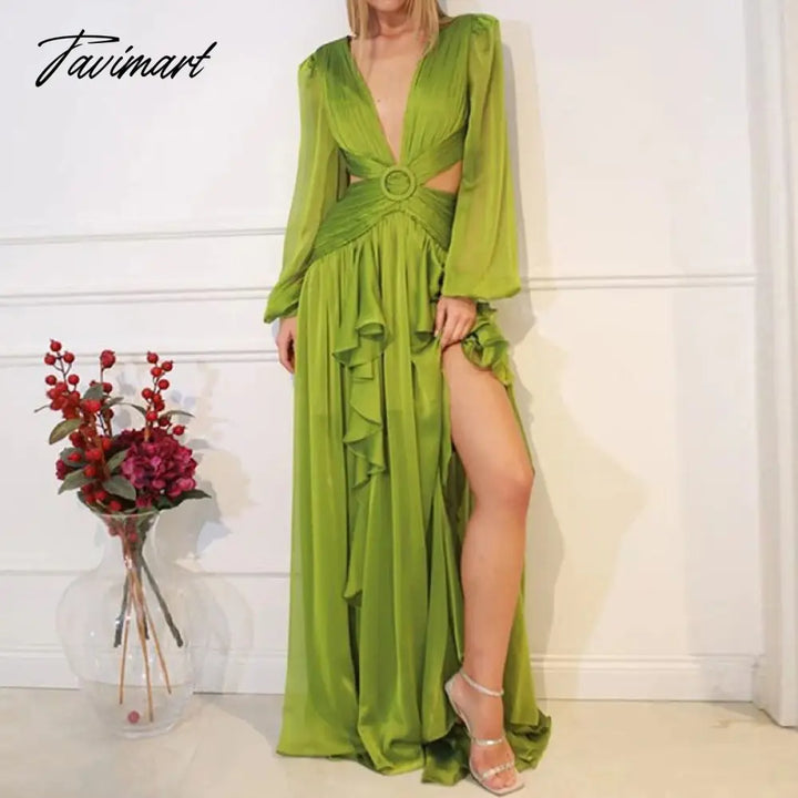 Tavimart Fashion Long Sleeve Deep V - Neck Hollow Beach Dress Women Sexy Backless Tie - Up Ruffle