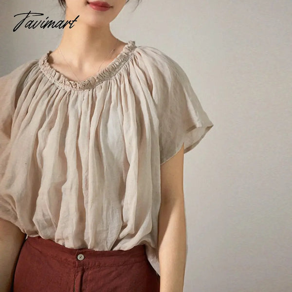 Tavimart Fashion Oversized T - Shirt Ruched O - Neck Casual Loose Short Sleeve T - Shirts Retro