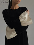 Tavimart Fashion Patchwork Velvet Midi Dress For Women Elegant O Neck Flare Long Sleeve Ruffles