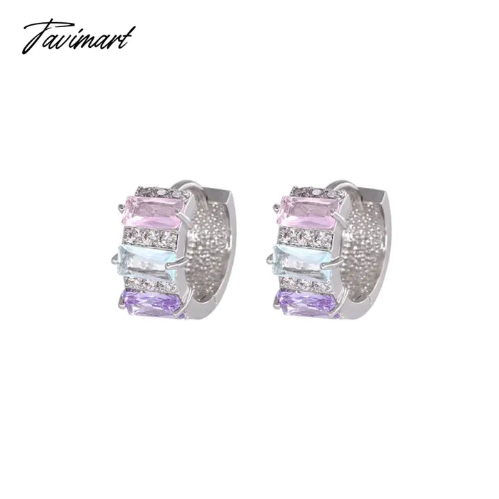 Tavimart Fashion Pink Purple Series Shinning Zirconia Small Hoop Earrings With Stones New Simple