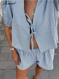 Tavimart - Fashion Plaid Printed Lace Up Shirts Suits Women Summer Elastic Waist Shorts 2 Pcs Sets