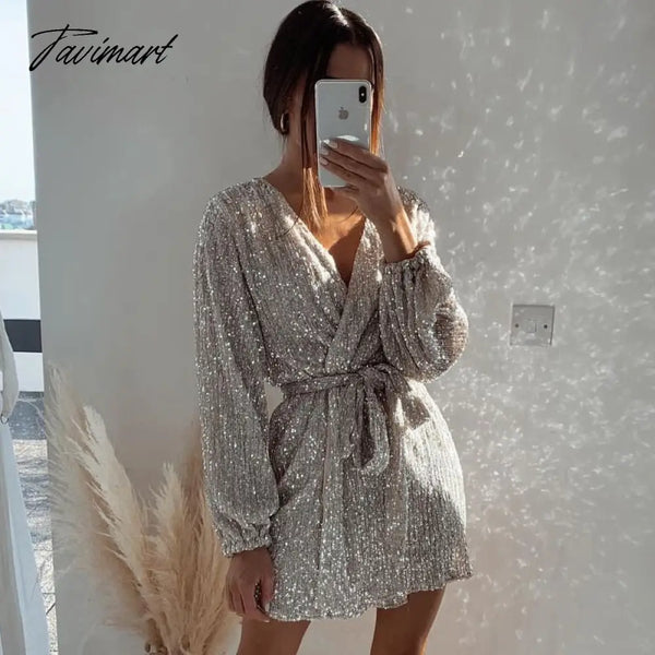 Tavimart Fashion Sequin Embroidery Woman Dress V Neck With Belt Long Sleeve Mini Vestido De Mujer