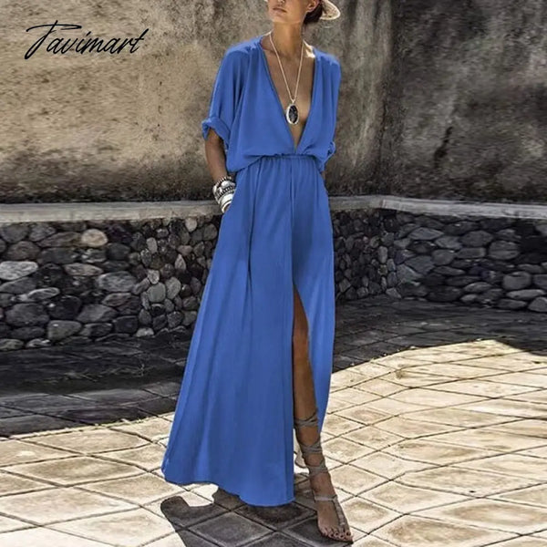 Tavimart Fashion Short Sleeve Loose Casual Long Dress Sexy Deep V Neck High Slit Party Lady Elegant