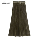 Tavimart Fashion Skirts Office Lady Printing Pleated Midi Skirts With Belt