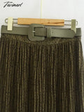 Tavimart Fashion Skirts Office Lady Printing Pleated Midi With Belt