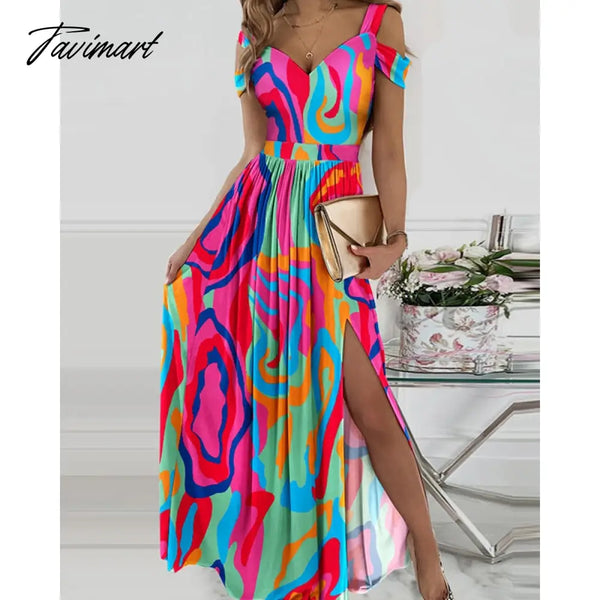 Tavimart Fashion Summer Women Beach Wear Ruched Short Sleeve Daily Vacation Long Dress Abstract