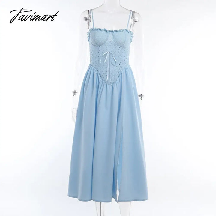 Tavimart Fashion Summer Women’s Blue Hollow Out A - Line Holiday Dresses Ladies High Waist Tunics