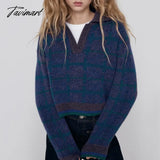 Tavimart Fashion Sweater Women V Neck With Ribbed Trim Cropped Knitted Jumper Vintage Long Sleeve