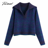 Tavimart Fashion Sweater Women V Neck With Ribbed Trim Cropped Knitted Jumper Vintage Long Sleeve