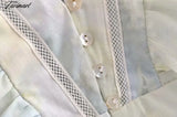 Tavimart Fashion V Neck Patchwork Net With Ruffled Button Blouses Femme Print Shirts Women Vintage
