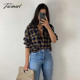 Tavimart Fashion With Pockets Oversized Check Blouses Women  Vintage Long Sleeve Side Vents Female Shirts Casual Plaid Tops