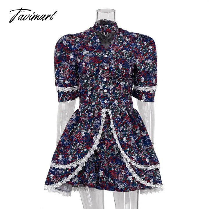 Tavimart Fashion Women’s Floral Print High Waist Party Dress Street Vintage Summer Short Sleeve
