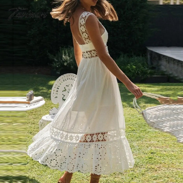 Tavimart Fashion Женское Платье White Summer Dress Sexy Backless Lace Midi Hollow Out