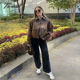 Tavimart Faux Leather Jacket Women Winter Vintage Clothes Pu Jackets Y2K Fashion Brown Biker Coats