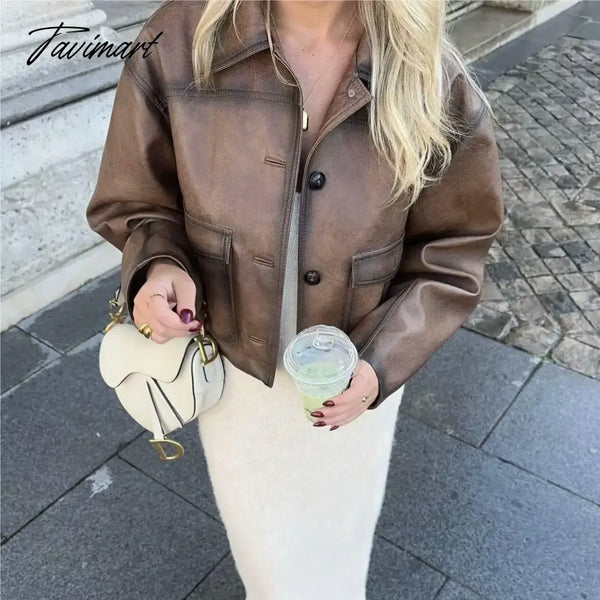 Tavimart Faux Leather Jacket Women Winter Vintage Clothes Pu Jackets Y2K Fashion Brown Biker Coats