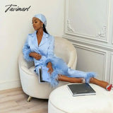 Tavimart Feather Fur V Neck Single Breasted Full Sleeve Blouse Tops And Pants Lounge Suit Women