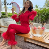 Tavimart Feather Fur V Neck Single Breasted Full Sleeve Blouse Tops And Pants Lounge Suit Women