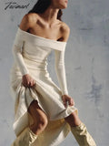 Tavimart Female Fashion Chic Solid Strapless Maxi Dresses Elegant Off Shoulder Long Sleeve Dress