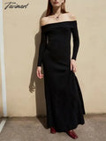 Tavimart Female Fashion Chic Solid Strapless Maxi Dresses Elegant Off Shoulder Long Sleeve Dress
