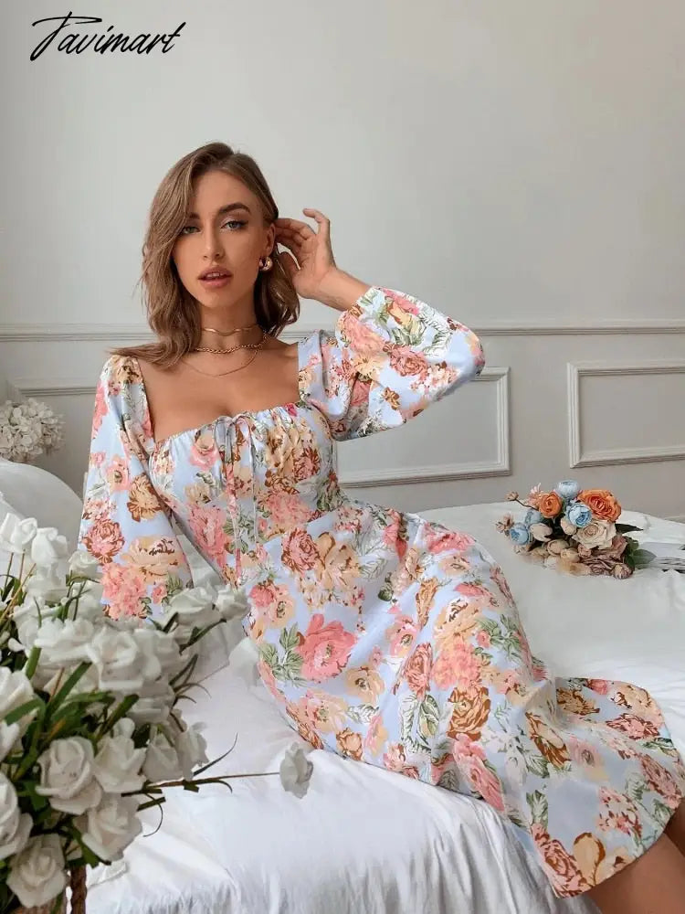 Tavimart Summer Floral Long Dress Sleeveless Backless Thin Straps Retro Beach Long Dress Sexy Split Chic Mid Calf Floral Dress Female main image 0