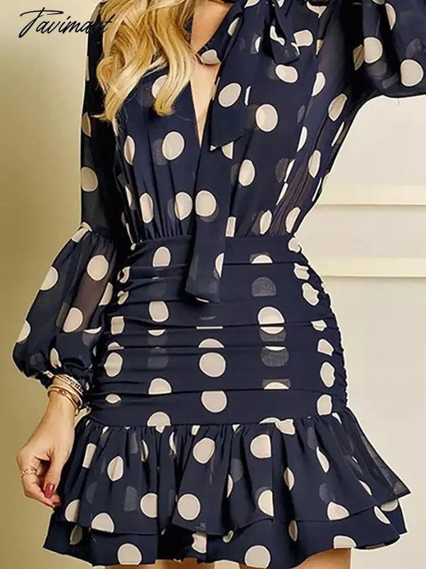 Tavimart Femme Elegant Office V Neck Print Dress Spring Summer Backless Long Sleeve Mini Women