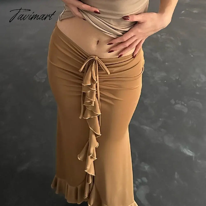 Tavimart Fishtail Skirt Flounces Midi Low Waist Tweed Dress Folds Night Club Outfit Fashion Sexy