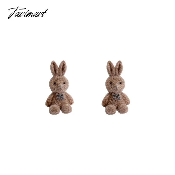 Tavimart Flocking Plush Rabbit Bear Stud Earrings Kawaii Brown Khaki Animal For Women Girls Korean