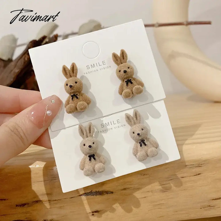 Tavimart Flocking Plush Rabbit Bear Stud Earrings Kawaii Brown Khaki Animal For Women Girls Korean