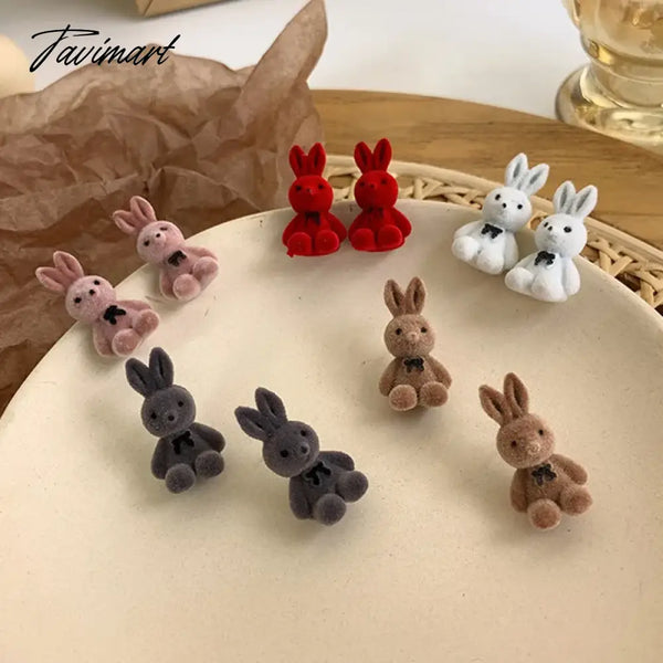 Tavimart Flocking Plush Rabbit Bear Stud Earrings Kawaii Brown Khaki Animal For Women Girls Korean