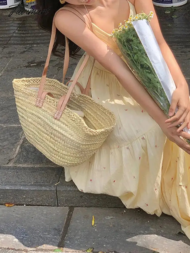 Tavimart Floral Dresses For Women Sleeveless Streetwear French Style Dress Sweet Bow Midi Spaghetti