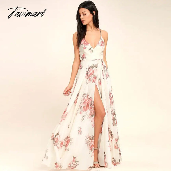 Tavimart Floral Elegant Maxi Dresses For Women Backless Split Sexy Robe Female Clothing Summer Prom