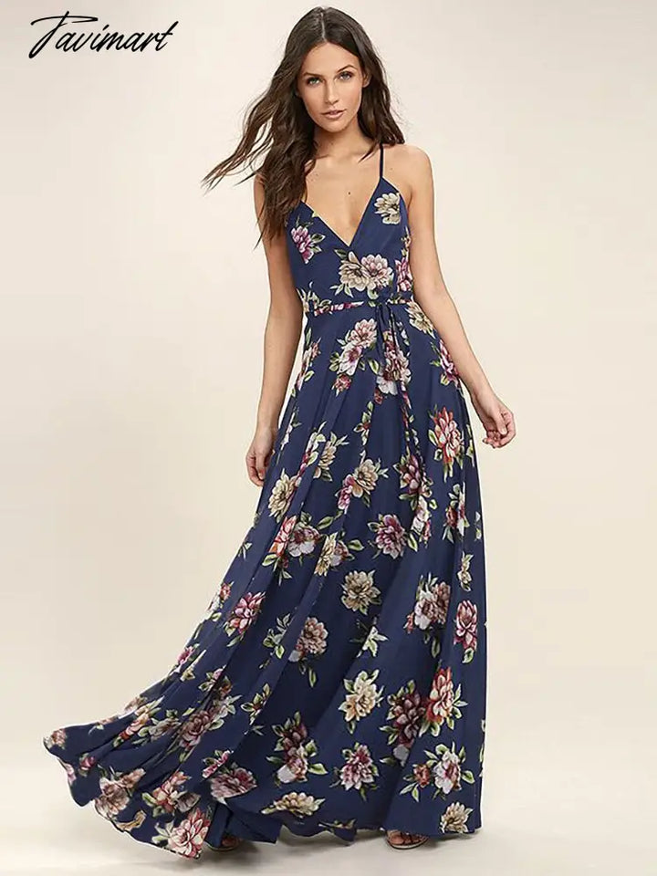 Tavimart Floral Elegant Maxi Dresses For Women Backless Split Sexy Robe Female Clothing Summer Prom