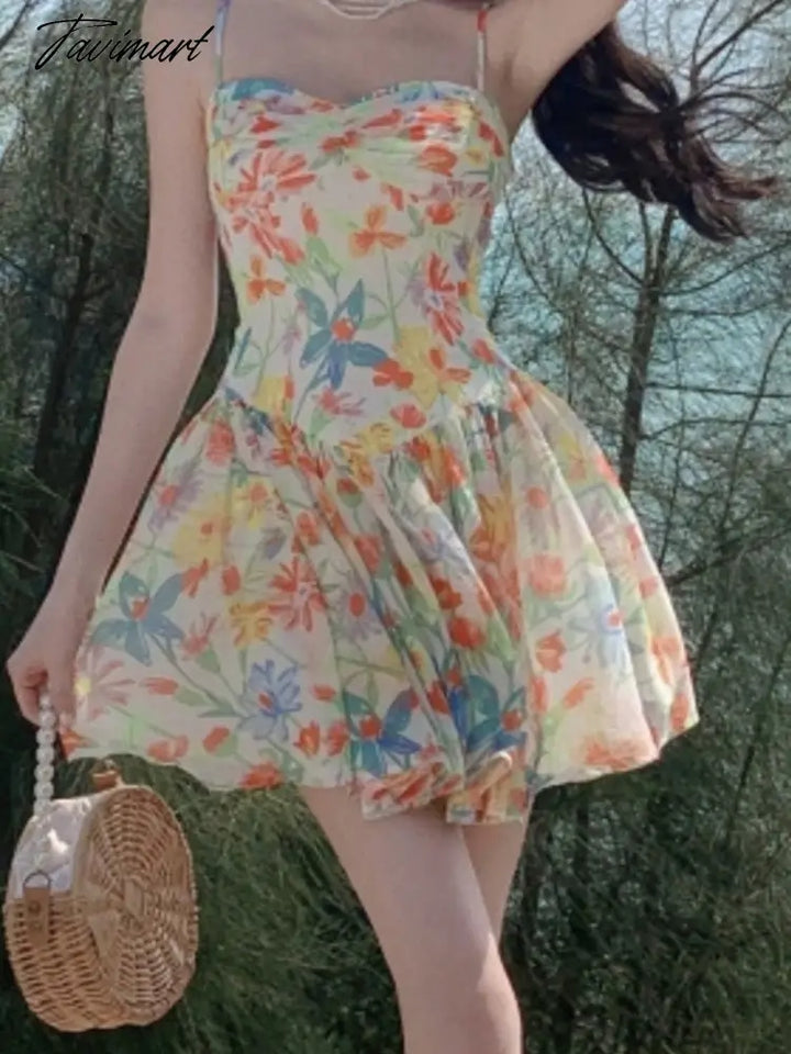 Tavimart Flower Print Sundress Summer Spaghetti Straps High Waist A - Line Mini Dresses Beachwear
