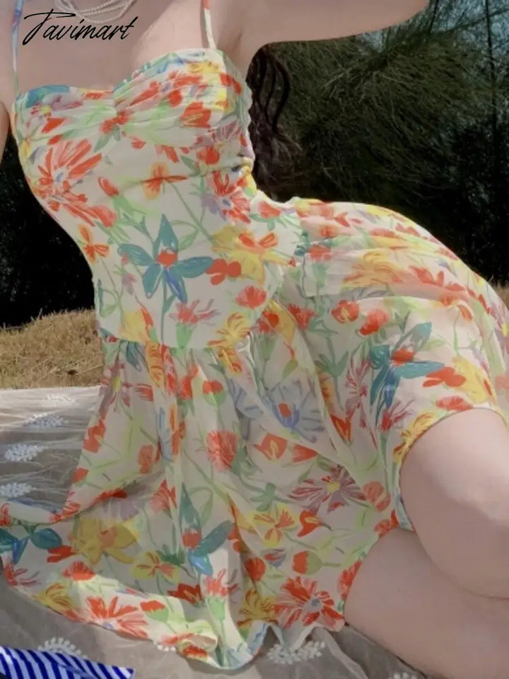 Tavimart Flower Print Sundress Summer Spaghetti Straps High Waist A - Line Mini Dresses Beachwear