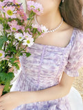 Tavimart France Floral Print Dress Women Summer Elegant Party Midi Casual Puff Sleeve Holiday Lady