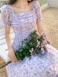 Tavimart France Floral Print Dress Women Summer Elegant Party Midi Casual Puff Sleeve Holiday Lady
