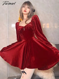 Tavimart France Vintage Party Mini Dresses Women Winter Black Gothic Sexy Elegant Red Velvet Korean