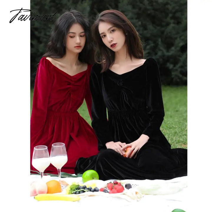 Tavimart Free Shipping New Velvet Spring And Autumn Women Long Mid - Calf V - Neck Xs - L Vintage