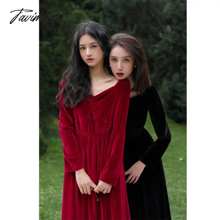 Tavimart Free Shipping New Velvet Spring And Autumn Women Long Mid - Calf V - Neck Xs - L Vintage