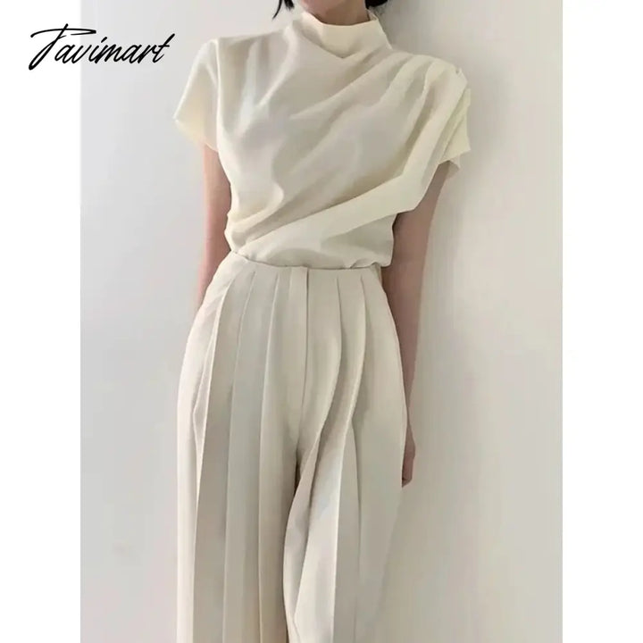 Tavimart Freeacy Urban Female Solid Color Casual High Waisted Pleated Staight Wide Leg Pants