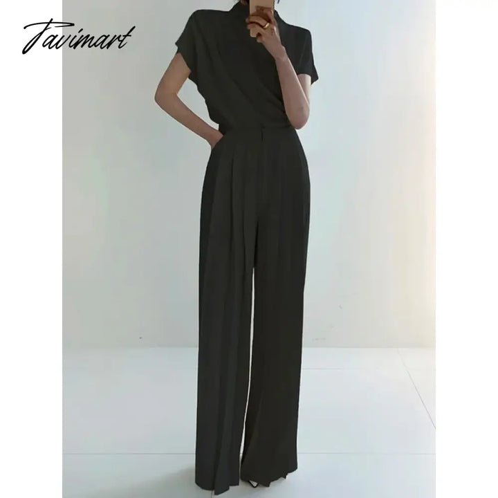 Tavimart Freeacy Urban Female Solid Color Casual High Waisted Pleated Staight Wide Leg Pants