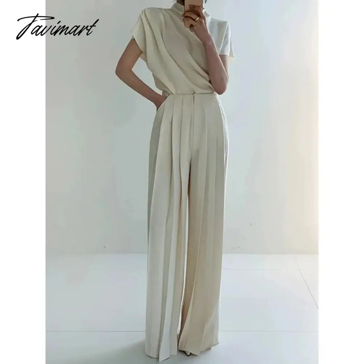 Tavimart Freeacy Urban Female Solid Color Casual High Waisted Pleated Staight Wide Leg Pants