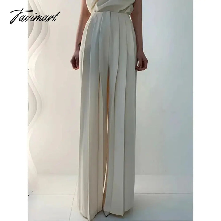 Tavimart Freeacy Urban Female Solid Color Casual High Waisted Pleated Staight Wide Leg Pants