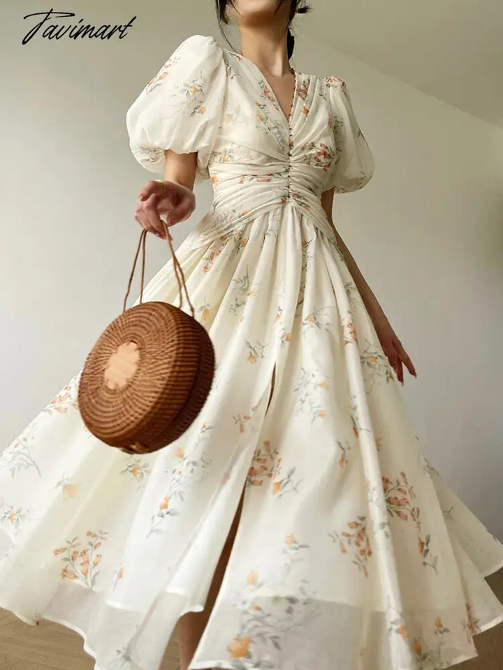 Tavimart French Elegant Floral Dress Women Summer Short Sleeve Even Party Midi Beach Chiffon Casual